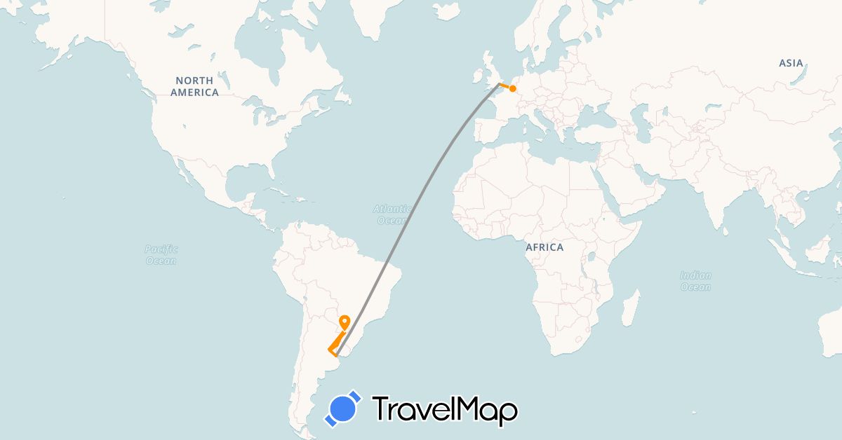 TravelMap itinerary: driving, plane, hitchhiking in Argentina, Belgium, United Kingdom (Europe, South America)